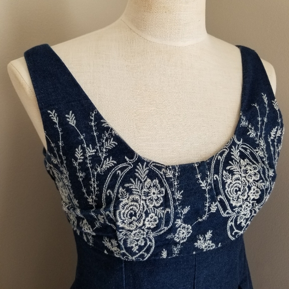 Embroidered Sleeveless Dark Denim Dress - Picture 2 of 15